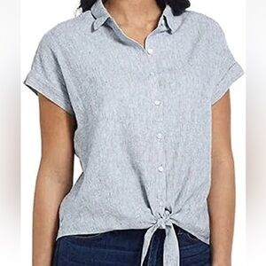 Weatherproof Vintage Brand Washable Linen Rayon Micro Stripe Button Down Blouse